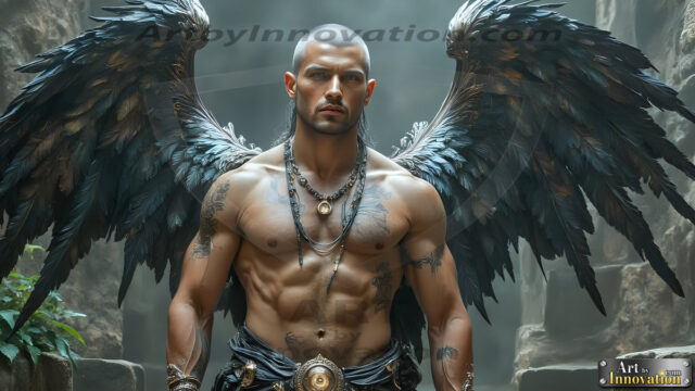 A Dark Angel with huge vibrate feathered wings, enormous and shimmering. Here is a raw, untamed energy that emanates from him. His presence is electrifying, drawing viewers in with his captivating gaze and formidable presence.