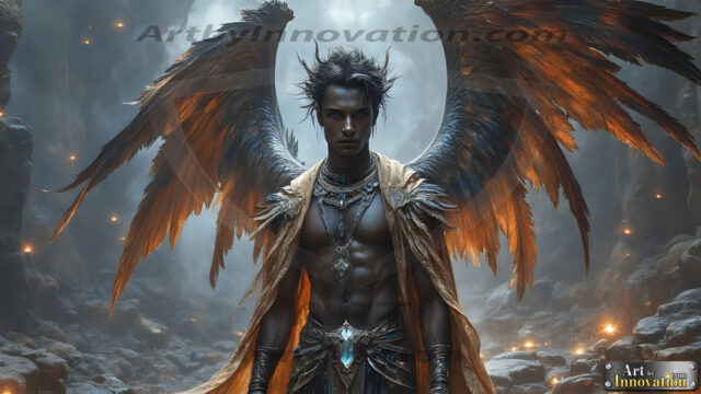 A Dark Angel with huge vibrate feathered wings, enormous and shimmering. Here is a raw, untamed energy that emanates from him. His presence is electrifying, drawing viewers in with his captivating gaze and formidable presence.