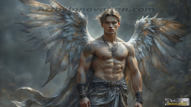 A Dark Angel with huge vibrate feathered wings, enormous and shimmering. Here is a raw, untamed energy that emanates from him. His presence is electrifying, drawing viewers in with his captivating gaze and formidable presence.