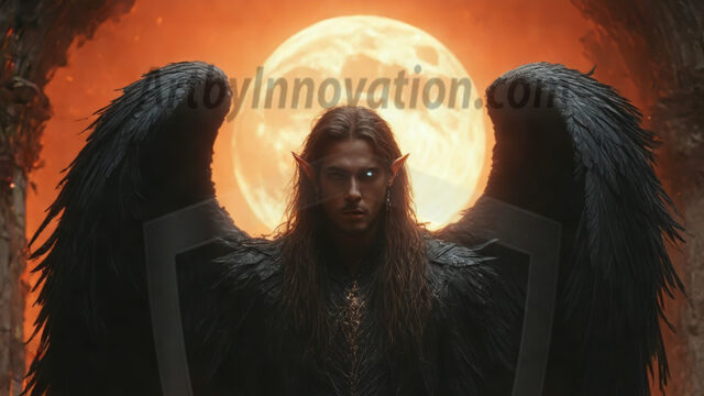 A Dark Angel with huge vibrate feathered wings, enormous and shimmering. Here is a raw, untamed energy that emanates from him. His presence is electrifying, drawing viewers in with his captivating gaze and formidable presence.