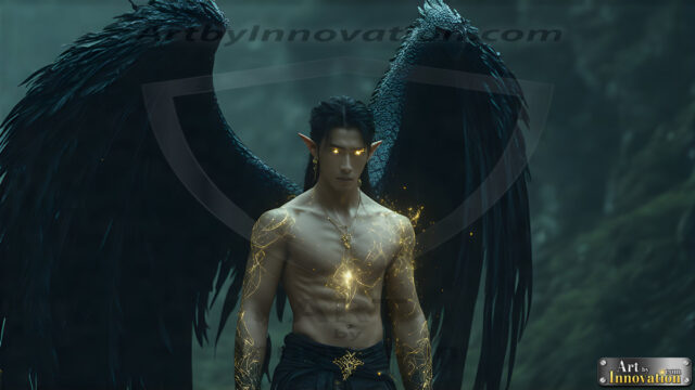 A Dark Angel with huge vibrate feathered wings, enormous and shimmering. Here is a raw, untamed energy that emanates from him. His presence is electrifying, drawing viewers in with his captivating gaze and formidable presence.