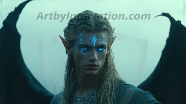 A Dark Angel with huge vibrate feathered wings, enormous and shimmering. Here is a raw, untamed energy that emanates from him. His presence is electrifying, drawing viewers in with his captivating gaze and formidable presence.