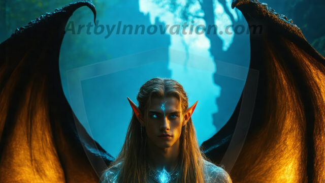 A Dark Angel with huge vibrate feathered wings, enormous and shimmering. Here is a raw, untamed energy that emanates from him. His presence is electrifying, drawing viewers in with his captivating gaze and formidable presence.