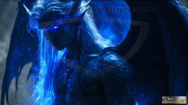 A Dark Angel with huge vibrate feathered wings, enormous and shimmering. Here is a raw, untamed energy that emanates from him. His presence is electrifying, drawing viewers in with his captivating gaze and formidable presence.