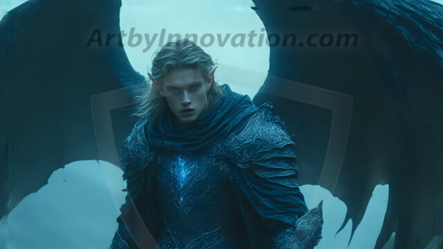 A Dark Angel with huge vibrate feathered wings, enormous and shimmering. Here is a raw, untamed energy that emanates from him. His presence is electrifying, drawing viewers in with his captivating gaze and formidable presence.