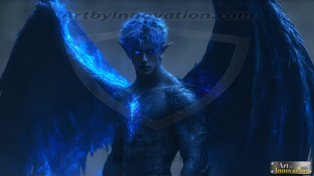 A Dark Angel with huge vibrate feathered wings, enormous and shimmering. Here is a raw, untamed energy that emanates from him. His presence is electrifying, drawing viewers in with his captivating gaze and formidable presence.