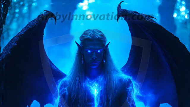 A Dark Angel with huge vibrate feathered wings, enormous and shimmering. Here is a raw, untamed energy that emanates from him. His presence is electrifying, drawing viewers in with his captivating gaze and formidable presence.