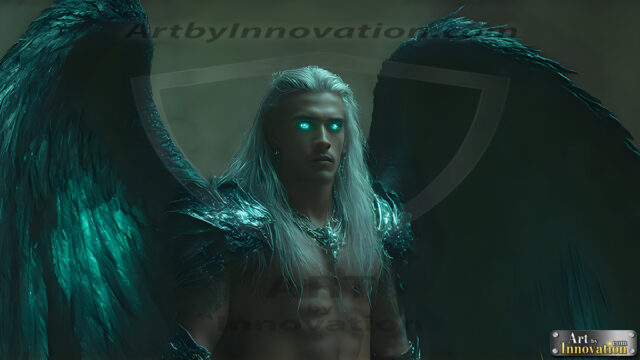 A Dark Angel with huge vibrate feathered wings, enormous and shimmering. Here is a raw, untamed energy that emanates from him. His presence is electrifying, drawing viewers in with his captivating gaze and formidable presence.