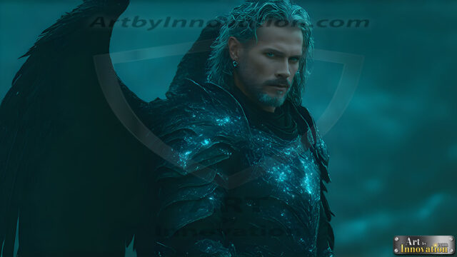 A Dark Angel with huge vibrate feathered wings, enormous and shimmering. Here is a raw, untamed energy that emanates from him. His presence is electrifying, drawing viewers in with his captivating gaze and formidable presence.