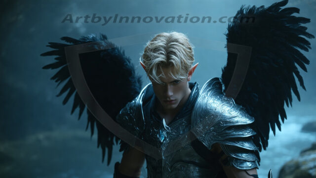 A Dark Angel with huge vibrate feathered wings, enormous and shimmering. Here is a raw, untamed energy that emanates from him. His presence is electrifying, drawing viewers in with his captivating gaze and formidable presence.