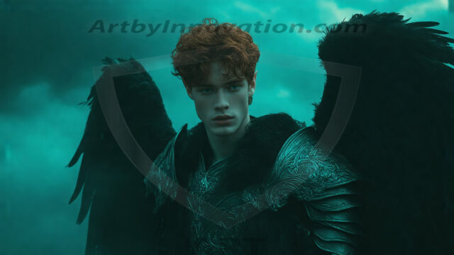 A Dark Angel with huge vibrate feathered wings, enormous and shimmering. Here is a raw, untamed energy that emanates from him. His presence is electrifying, drawing viewers in with his captivating gaze and formidable presence.