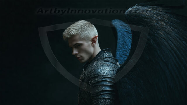 A Dark Angel with huge vibrate feathered wings, enormous and shimmering. Here is a raw, untamed energy that emanates from him. His presence is electrifying, drawing viewers in with his captivating gaze and formidable presence.