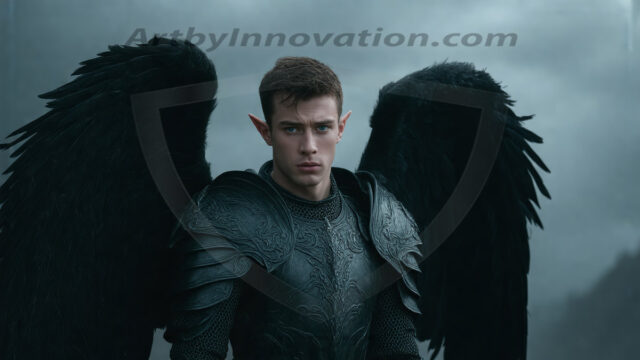 A Dark Angel with huge vibrate feathered wings, enormous and shimmering. Here is a raw, untamed energy that emanates from him. His presence is electrifying, drawing viewers in with his captivating gaze and formidable presence.