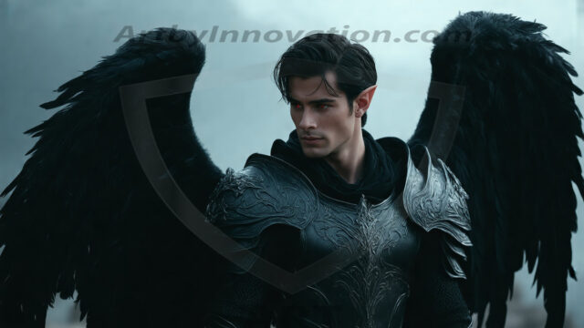 A Dark Angel with huge vibrate feathered wings, enormous and shimmering. Here is a raw, untamed energy that emanates from him. His presence is electrifying, drawing viewers in with his captivating gaze and formidable presence.