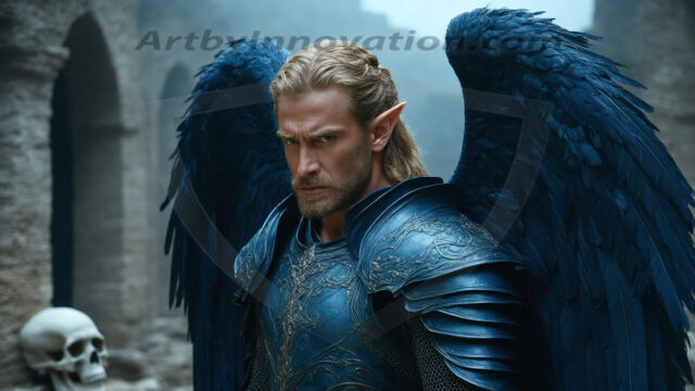 A Dark Angel with huge vibrate feathered wings, enormous and shimmering. Here is a raw, untamed energy that emanates from him. His presence is electrifying, drawing viewers in with his captivating gaze and formidable presence.