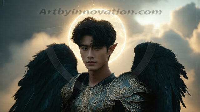 A Dark Angel with huge vibrate feathered wings, enormous and shimmering. Here is a raw, untamed energy that emanates from him. His presence is electrifying, drawing viewers in with his captivating gaze and formidable presence.