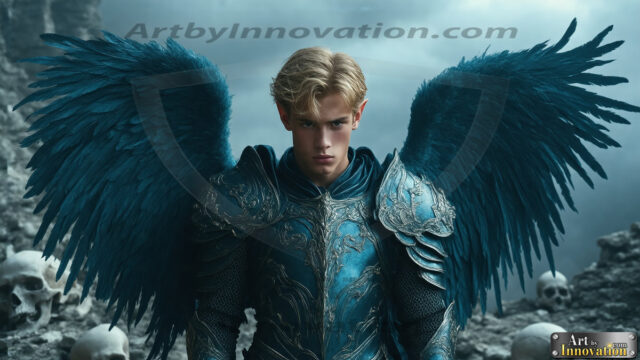 A Dark Angel with huge vibrate feathered wings, enormous and shimmering. Here is a raw, untamed energy that emanates from him. His presence is electrifying, drawing viewers in with his captivating gaze and formidable presence.
