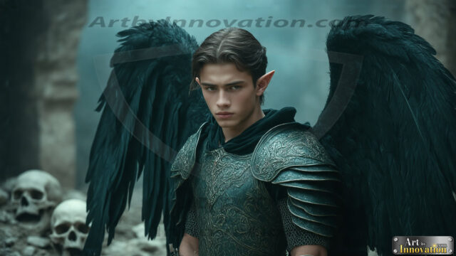 A Dark Angel with huge vibrate feathered wings, enormous and shimmering. Here is a raw, untamed energy that emanates from him. His presence is electrifying, drawing viewers in with his captivating gaze and formidable presence.