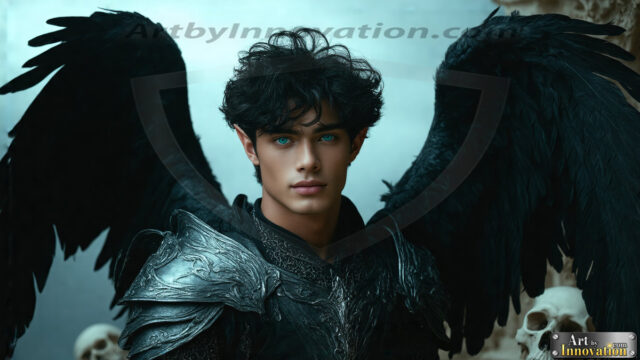 A Dark Angel with huge vibrate feathered wings, enormous and shimmering. Here is a raw, untamed energy that emanates from him. His presence is electrifying, drawing viewers in with his captivating gaze and formidable presence.