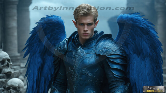 A Dark Angel with huge vibrate feathered wings, enormous and shimmering. Here is a raw, untamed energy that emanates from him. His presence is electrifying, drawing viewers in with his captivating gaze and formidable presence.