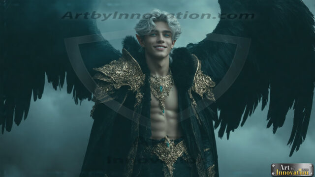 A Dark Angel with huge vibrate feathered wings, enormous and shimmering. Here is a raw, untamed energy that emanates from him. His presence is electrifying, drawing viewers in with his captivating gaze and formidable presence.