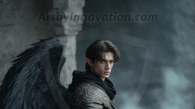 A Dark Angel with huge vibrate feathered wings, enormous and shimmering. Here is a raw, untamed energy that emanates from him. His presence is electrifying, drawing viewers in with his captivating gaze and formidable presence.