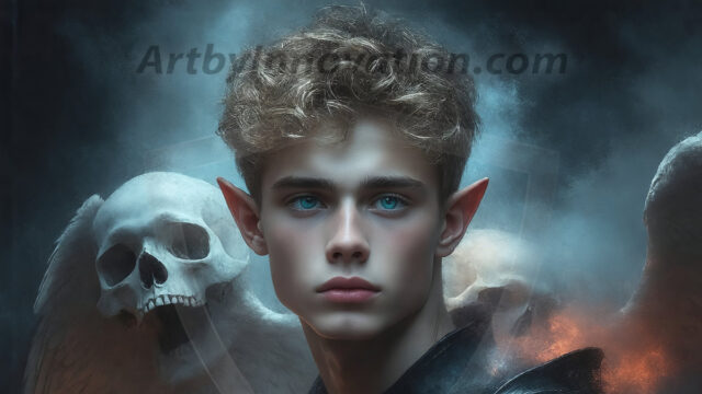 A Dark Angel with huge vibrate feathered wings, enormous and shimmering. Here is a raw, untamed energy that emanates from him. His presence is electrifying, drawing viewers in with his captivating gaze and formidable presence.