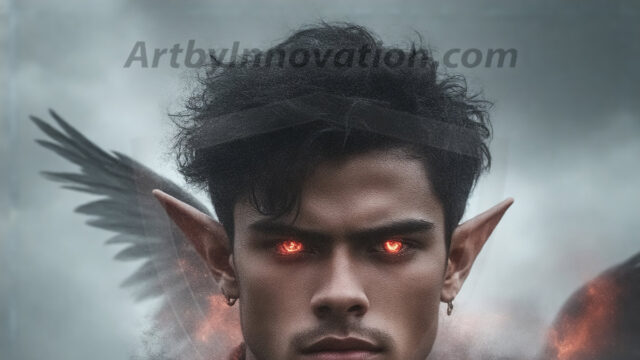 A Dark Angel with huge vibrate feathered wings, enormous and shimmering. Here is a raw, untamed energy that emanates from him. His presence is electrifying, drawing viewers in with his captivating gaze and formidable presence.