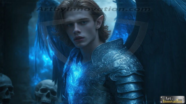 A Dark Angel with huge vibrate feathered wings, enormous and shimmering. Here is a raw, untamed energy that emanates from him. His presence is electrifying, drawing viewers in with his captivating gaze and formidable presence.