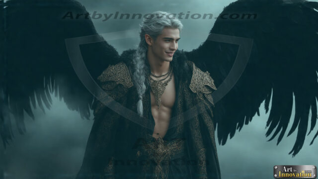 A Dark Angel with huge vibrate feathered wings, enormous and shimmering. Here is a raw, untamed energy that emanates from him. His presence is electrifying, drawing viewers in with his captivating gaze and formidable presence.