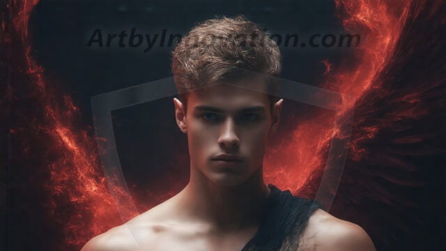 A Dark Angel with huge vibrate feathered wings, enormous and shimmering. Here is a raw, untamed energy that emanates from him. His presence is electrifying, drawing viewers in with his captivating gaze and formidable presence.