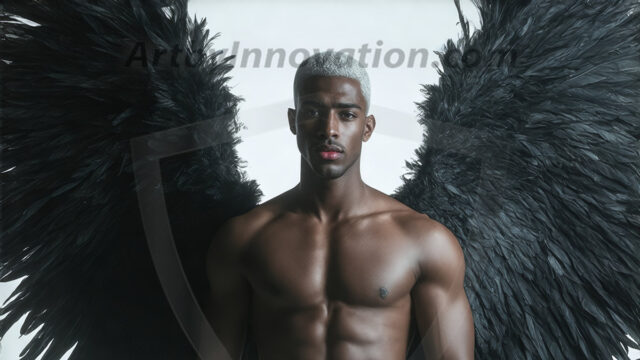 A Dark Angel with huge vibrate feathered wings, enormous and shimmering. Here is a raw, untamed energy that emanates from him. His presence is electrifying, drawing viewers in with his captivating gaze and formidable presence.
