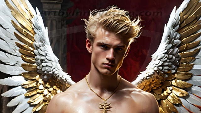 A photograph of a handsome golden male angel. With huge vibrate golden feathered wings, with golden radiant light rays, golden halo lighting, reflecting light in a mesmerizing way. He is stunningly handsome, beautiful, amidst a background of a chaos and destruction.