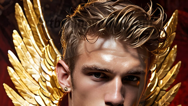 A photograph of a handsome golden male angel. With huge vibrate golden feathered wings, with golden radiant light rays, golden halo lighting, reflecting light in a mesmerizing way. He is stunningly handsome, beautiful, amidst a background of a chaos and destruction.