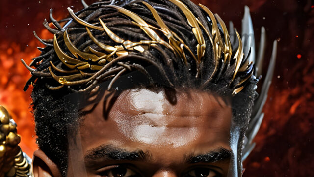 A photograph of a handsome golden male angel. With huge vibrate golden feathered wings, with golden radiant light rays, golden halo lighting, reflecting light in a mesmerizing way. He is stunningly handsome, beautiful, amidst a background of a chaos and destruction.