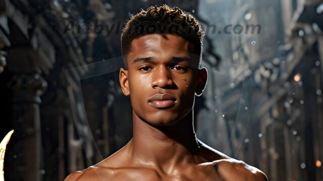 A photograph of a handsome golden male angel. With huge vibrate golden feathered wings, with golden radiant light rays, golden halo lighting, reflecting light in a mesmerizing way. He is stunningly handsome, beautiful, amidst a background of a chaos and destruction.