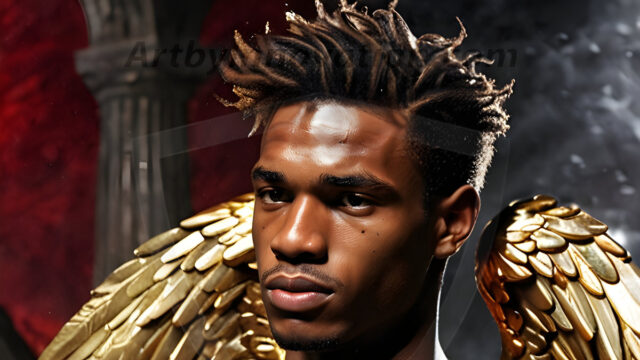 A photograph of a handsome golden male angel. With huge vibrate golden feathered wings, with golden radiant light rays, golden halo lighting, reflecting light in a mesmerizing way. He is stunningly handsome, beautiful, amidst a background of a chaos and destruction.