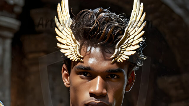 A photograph of a handsome golden male angel. With huge vibrate golden feathered wings, with golden radiant light rays, golden halo lighting, reflecting light in a mesmerizing way. He is stunningly handsome, beautiful, amidst a background of a chaos and destruction.