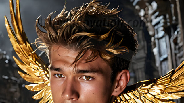 A photograph of a handsome golden male angel. With huge vibrate golden feathered wings, with golden radiant light rays, golden halo lighting, reflecting light in a mesmerizing way. He is stunningly handsome, beautiful, amidst a background of a chaos and destruction.