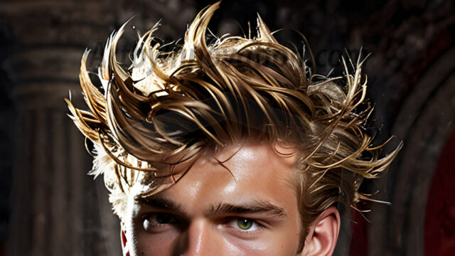 A photograph of a handsome golden male angel. With huge vibrate golden feathered wings, with golden radiant light rays, golden halo lighting, reflecting light in a mesmerizing way. He is stunningly handsome, beautiful, amidst a background of a chaos and destruction.