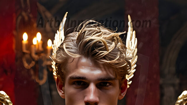 A photograph of a handsome golden male angel. With huge vibrate golden feathered wings, with golden radiant light rays, golden halo lighting, reflecting light in a mesmerizing way. He is stunningly handsome, beautiful, amidst a background of a chaos and destruction.