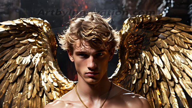 A photograph of a handsome golden male angel. With huge vibrate golden feathered wings, with golden radiant light rays, golden halo lighting, reflecting light in a mesmerizing way. He is stunningly handsome, beautiful, amidst a background of a chaos and destruction.