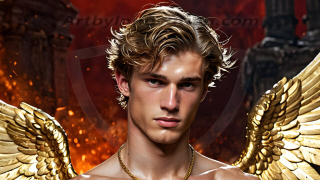 A photograph of a handsome golden male angel. With huge vibrate golden feathered wings, with golden radiant light rays, golden halo lighting, reflecting light in a mesmerizing way. He is stunningly handsome, beautiful, amidst a background of a chaos and destruction.