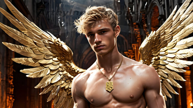 A photograph of a handsome golden male angel. With huge vibrate golden feathered wings, with golden radiant light rays, golden halo lighting, reflecting light in a mesmerizing way. He is stunningly handsome, beautiful, amidst a background of a chaos and destruction.