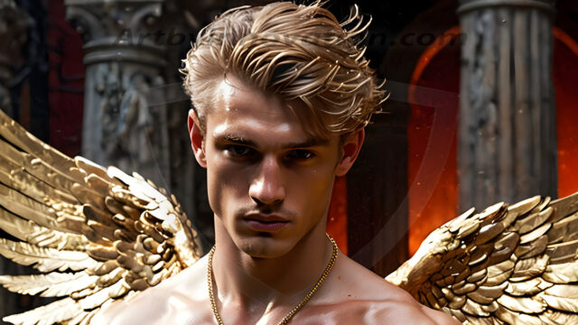 A photograph of a handsome golden male angel. With huge vibrate golden feathered wings, with golden radiant light rays, golden halo lighting, reflecting light in a mesmerizing way. He is stunningly handsome, beautiful, amidst a background of a chaos and destruction.
