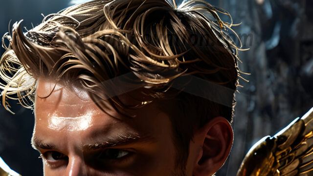 A photograph of a handsome golden male angel. With huge vibrate golden feathered wings, with golden radiant light rays, golden halo lighting, reflecting light in a mesmerizing way. He is stunningly handsome, beautiful, amidst a background of a chaos and destruction.