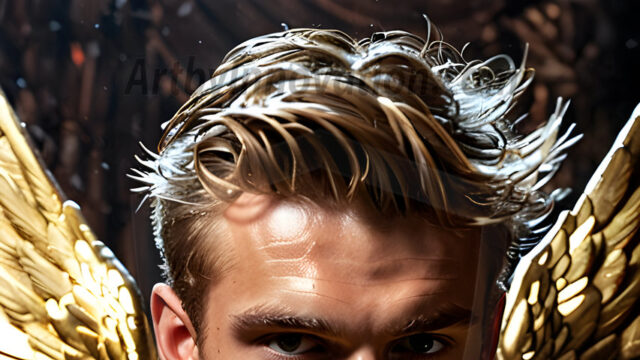 A photograph of a handsome golden male angel. With huge vibrate golden feathered wings, with golden radiant light rays, golden halo lighting, reflecting light in a mesmerizing way. He is stunningly handsome, beautiful, amidst a background of a chaos and destruction.