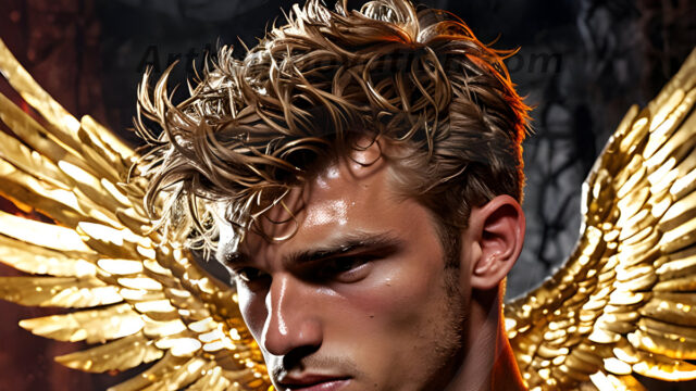 A photograph of a handsome golden male angel. With huge vibrate golden feathered wings, with golden radiant light rays, golden halo lighting, reflecting light in a mesmerizing way. He is stunningly handsome, beautiful, amidst a background of a chaos and destruction.