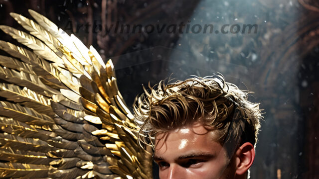 A photograph of a handsome golden male angel. With huge vibrate golden feathered wings, with golden radiant light rays, golden halo lighting, reflecting light in a mesmerizing way. He is stunningly handsome, beautiful, amidst a background of a chaos and destruction.