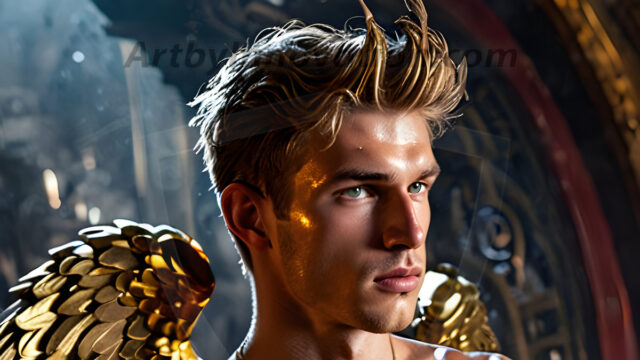 A photograph of a handsome golden male angel. With huge vibrate golden feathered wings, with golden radiant light rays, golden halo lighting, reflecting light in a mesmerizing way. He is stunningly handsome, beautiful, amidst a background of a chaos and destruction.
